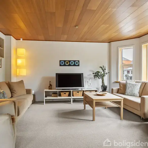 Stue med cremefarvede sofaer omkring et trækaffebord; fladskærms-tv på hvid reol, indrammede billeder på væggen. Store vinduer slipper lys ind, kaktus i hjørnet.