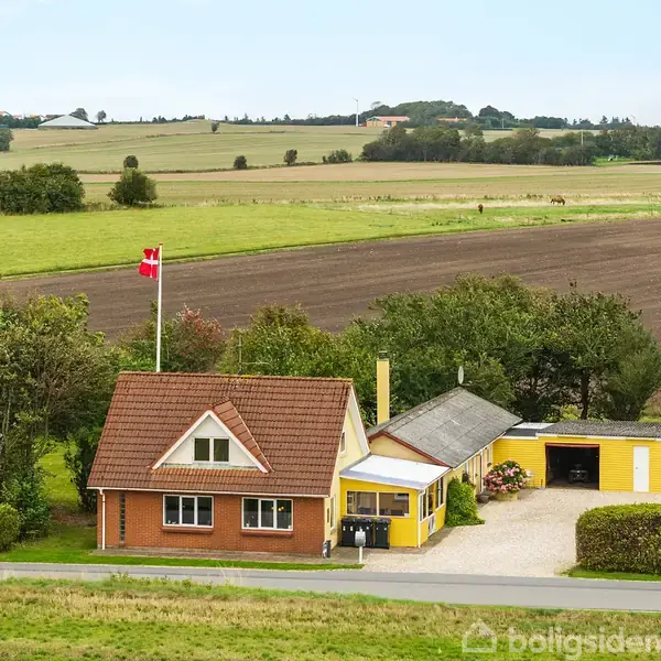 Et rødt murstenshus med rødt tag og dansk flag står ved siden af en gul garage på en vej. Omgivet af træer og marker i et landligt område.