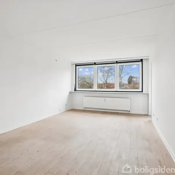 Et tomt rum med trægulv; store vinduer med udsigt til træer; hvidmalede vægge; en radiator under vinduet; dagslys strømmer ind.