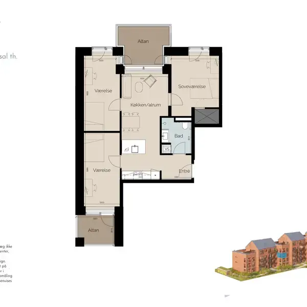 Lejlighedstegning viser Boligtype 3A, 97 m², med værelser, køkken/stue, bad og altan. Tekst inkluderer adresse "Engsvej 203, 2. sal th." samt billedlegende og lille illustration af bygningseksteriør.