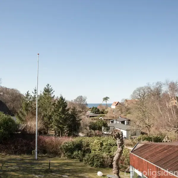 Flagstang står i en have omgivet af træer og buske, med flere huse i baggrunden og havet synligt i horisonten under en klar, blå himmel.