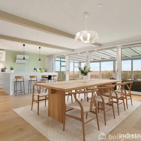 Et moderne spisebord omgivet af træstole står på et tæppe i en lys stue. I baggrunden ses et åbent køkken med barstole og store vinduer med udsigt til naturen. Tekst: "indretningsforslag".