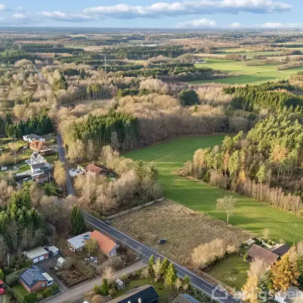 Landskabsvue viser et område med spredte huse omgivet af skove og marker under en blå himmel med få skyer. Vejen skærer gennem landskabet og forbinder husene.