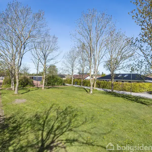 Græsplæne omgivet af træer i et beboelsesområde. En sti løber langs venstre side, mens huse og en hæk kan ses i baggrunden under en klar, blå himmel.