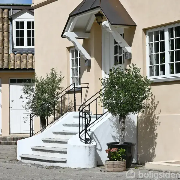 Trappe med klassisk gelænder fører op til en hoveddør under en baldakin. Omkring trappen er der potteplanter og brostensbelagt terrasse. Bygningen har store vinduer med sprosser.
