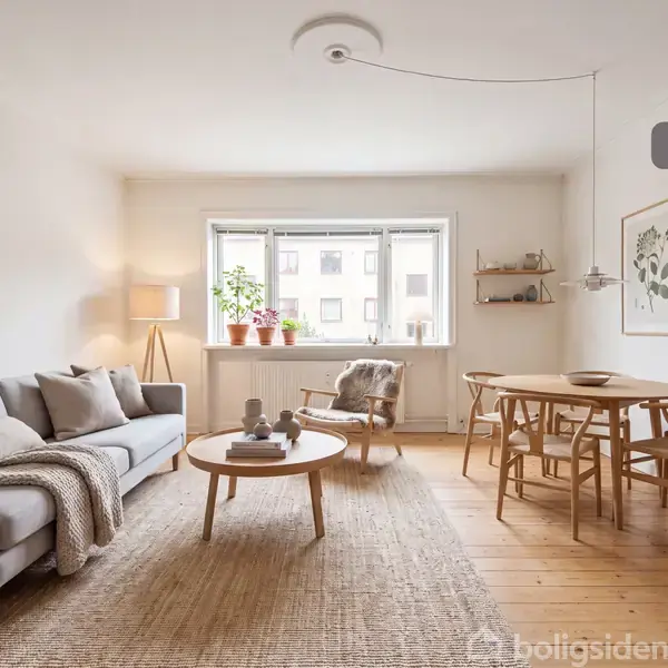 Stue med grå sofa dækket af tæppe, lysestage på rundt træbord, og spisebord med stole. Store vinduer og planter skaber lys. To billeder hænger på væggen. Tekst: "Visualisering".