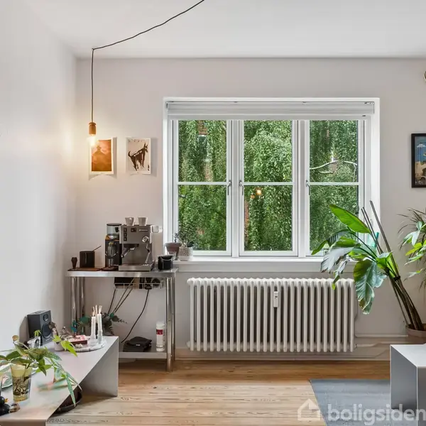 Stue med planter, kaffemaskine og kunstværker. Håndvask og bogreoler nær vindue med udsigt til grønne træer. Sofa og gulvpuder i højre side af rummet.
