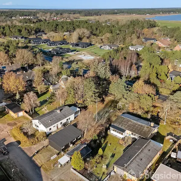 Flere huse ses fra oven, omgivet af træer og haver, i et skovklædt område nær kysten og havet i baggrunden.