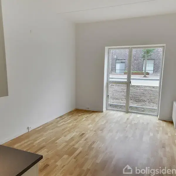 Et tomt rum med trægulv har en vask i forgrunden. En stor glasdør åbner ud til en beskeden gård, hvilket giver naturligt lys.