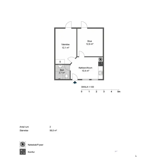 Plantegning af lejlighed med to værelser: et værelse (12,1 m²), en stue (12,6 m²), køkken/alrum (10,4 m²), og et badeværelse (3,7 m²). Skala 1:100 vises. Antal rum: 2. Størrelse: 56,0 m².