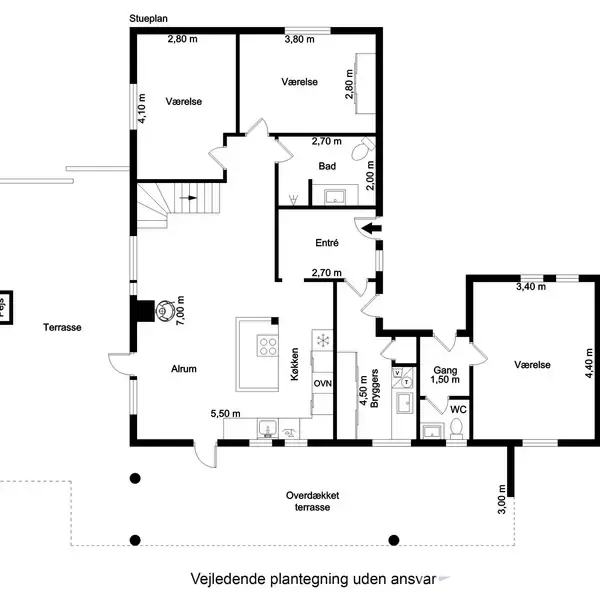 Plantegning viser et hus med entré, køkken, alrum, tre værelser, badeværelse, gang, og WC. En terrasse omkranser bygningen. Kompas viser nord. Tekst: "Vejledende plantegning uden ansvar".