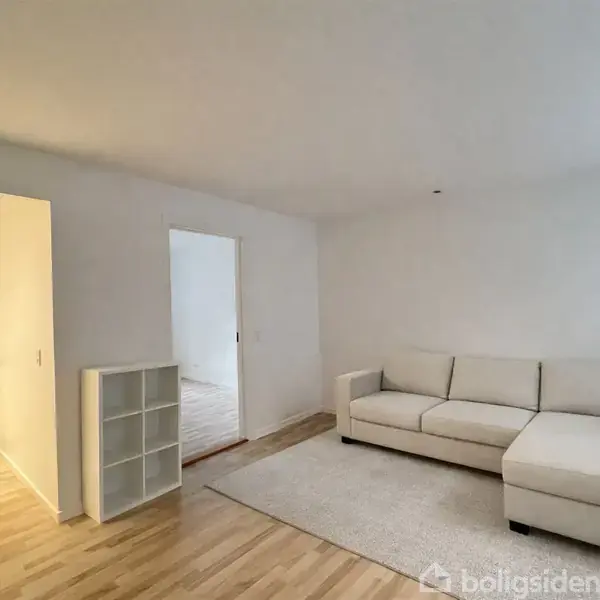 En hvid sofa står på et lyst tæppe i en stue med trægulv. Til venstre ses en åbning til et køkken med skabe, og der er en dør til et andet rum.