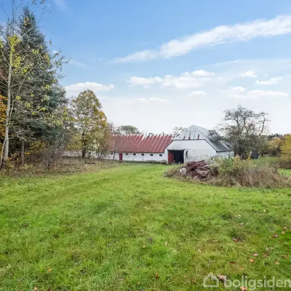 En række huse står på en stor græsplæne omgivet af træer. Bygningerne har rødt og gråt tag. Efterårsfarvede træer danner en skovkant på venstre side.