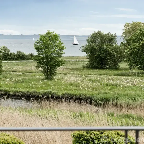 Sejlbåd sejler på en sø i baggrunden, omgivet af en frodig grøn eng med spredte træer, der skaber en fredfyldt landskabsstemning.