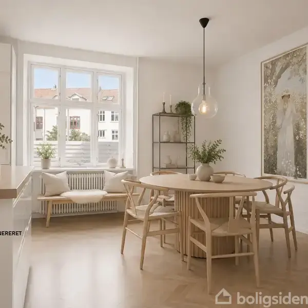 Spisebord med træstole står centralt i et lyst rum. En hængelampe er over bordet. En bænk og hylde med planter findes ved vinduet. Tekst: "AI-GENERERET" vises.