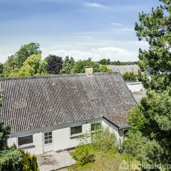 Hus med skråt tag står stille omgivet af træer og have i et grønt nabolag under en lys blå himmel.