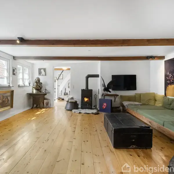 Stor stue med trægulve og fritstående træbjælker. En stor, grøn sofa står langs væggen. På endevæggen hænger et fladskærms-tv. Et brændende komfur opvarmer rummet.