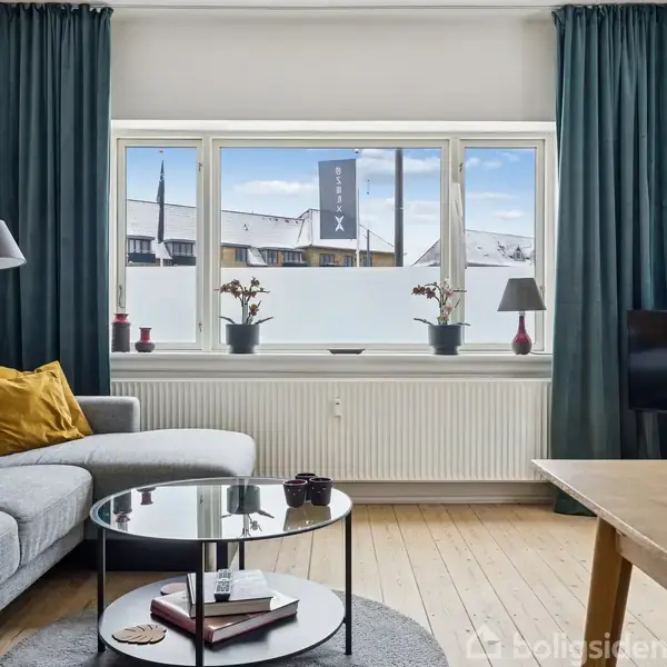 Grå sofa står langs væggen; stuebord med plante og bøger; vindue med grønne gardiner viser byudsigt; fjernsyn placeret på møbel; lys trægulv.