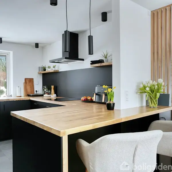 Et moderne køkken med sorte skabe og en træbordplade. To stole står ved bordet. Store vinduer giver udsigt til sneklædte træer og en åben natur.