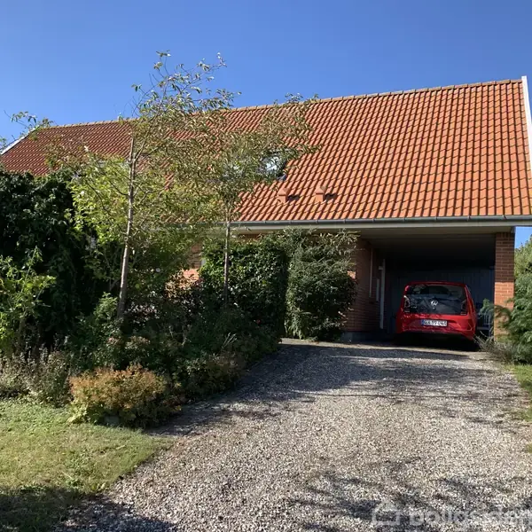 En rød bil holder parkeret under en carport i indkørslen til et hus med røde teglsten i taget. Omgivet af grønne buske og træer under en klar blå himmel.