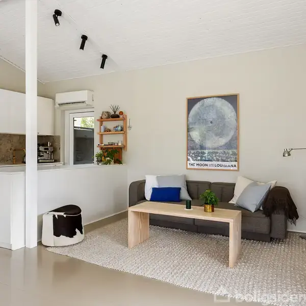 En stue med en grå sofa og sofabord i træ. En hylde og kunstværk hænger på væggen. Til venstre er et åbent køkken med hvide skabe.