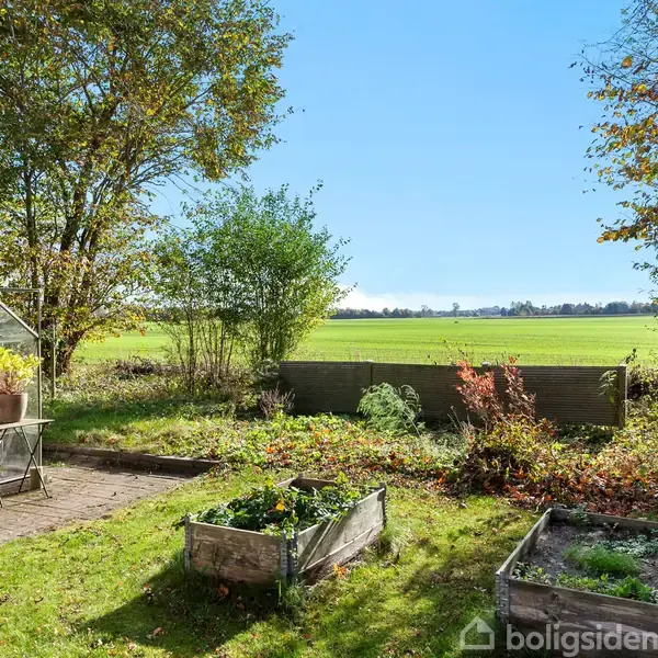 Et drivhus står på en flisebelagt terrasse ved siden af hævede plantebede i en grøn have. Bagved ses åbne marker under en klar blå himmel.
