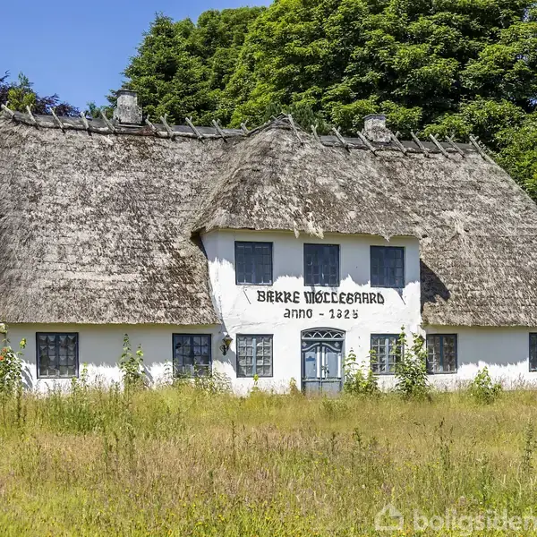 Stråtækt hus står stille omgivet af højt græs og skov. Facaden bærer teksten "Bjerke Nøtlegård anno 1825."