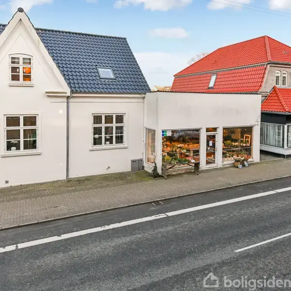 Hvidt hus med gråt tegltag, står ved en vej, ved siden af en butik med store vinduer, udstiller blomster og planter. I baggrunden er der flere bygninger med røde tage.