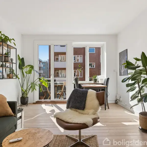 En stue med grøn sofa og lænestol, dekoreret med puder og tæppe. Store vinduer slipper sollys ind, omgivet af planter. En spiseplads er synlig nær vinduerne.