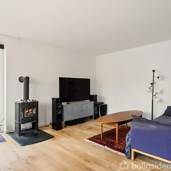 I en stue står en pejs ved en glasdør. En sofa og et fjernsyn er placeret på trægulvet ved siden af et sofabord og en rød tæppe.