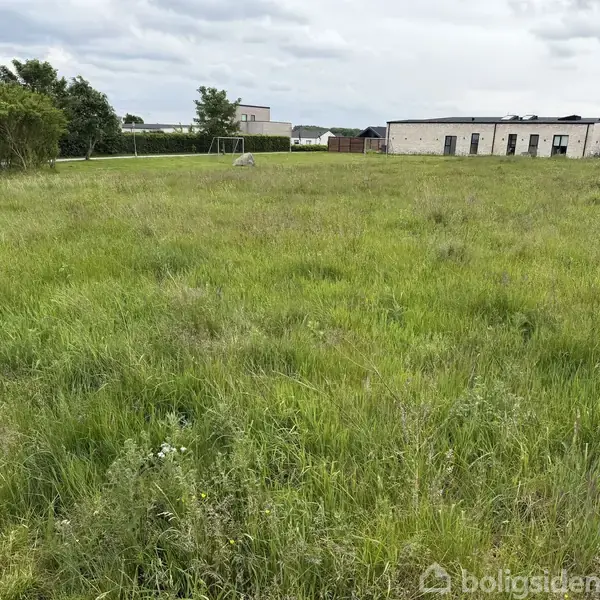 Græsplæne med højt græs dækker området. I baggrunden ses et moderne, lavt byggeri og et hegn med træer. Himlen er overskyet, og der er ingen tekst i billedet.