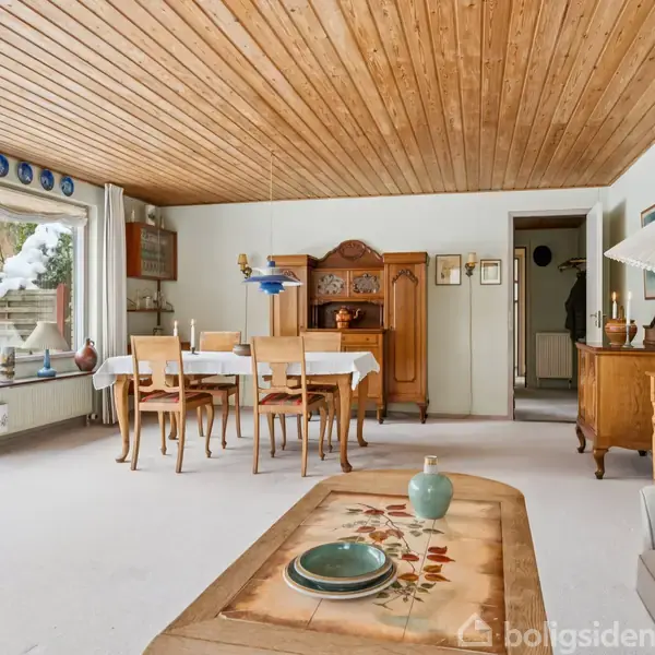 Et spisebord med stole står i en stue med træloft og store vinduer ud mod en sneklædt have. Et bord med dekorationer er placeret i forgrunden.