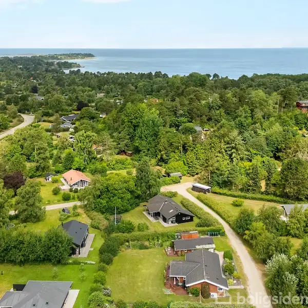 Huse ligger spredt blandt træer i et landområde med veje, der snor sig gennem landskabet. I horisonten ses en skovklædt kystlinje med havet udstrakt mod horisonten.