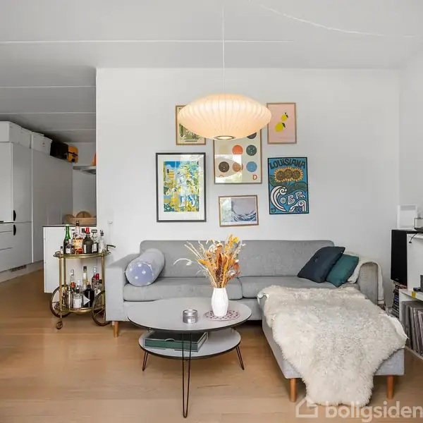 Sofa med pyntepuder står i en stue med lys trægulv. Et sofabord har en vase med tørrede blomster. Bagved hænger kunstværker på væggen. Fladskærms-tv ved siden af reol.