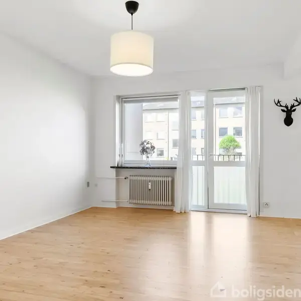 Et lyst rum med trægulv. En hvid loftlampe hænger ned. En fransk altandør og vindue åbner ud mod en altan. En sort hjortevægdekoration hænger på væggen.