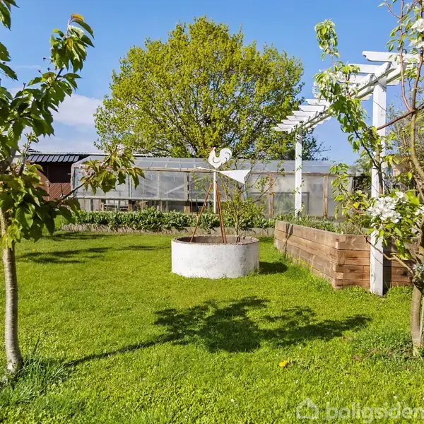 En have har to unge træer og en dekoration oven på en brønd. I baggrunden står et drivhus ved siden af en hvid pergola med et højbed. Græsset er grønt.
