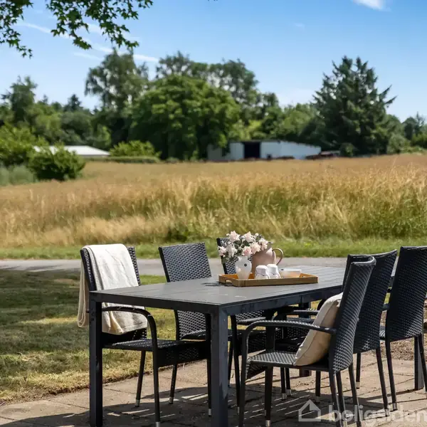 Et havebord i mørkt materiale står på en terrasse med fire stole omkring. På bordet står en bakke med vaser og kopper. Baggrunden er en mark med højt græs og træer.