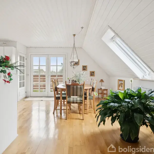 Spisebord med stole står i spisestue med lyse trægulve. Vinduer med dagslys åbner ud mod en terrasse. Indendørs planter dekorerer rummet, og en glasdør ses i baggrunden.