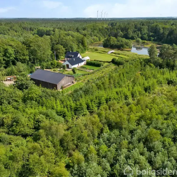 Et hus og en lade står omgivet af tæt skov og marker i et naturskønt område med en sø og vindmøller i baggrunden.