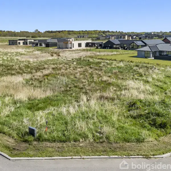 En åben græsplæne domineret af højt græs ligger stille på en byggegrund i et nybyggerkvarter. Moderne huse omkranser området, og en vej snor sig langs græsset.