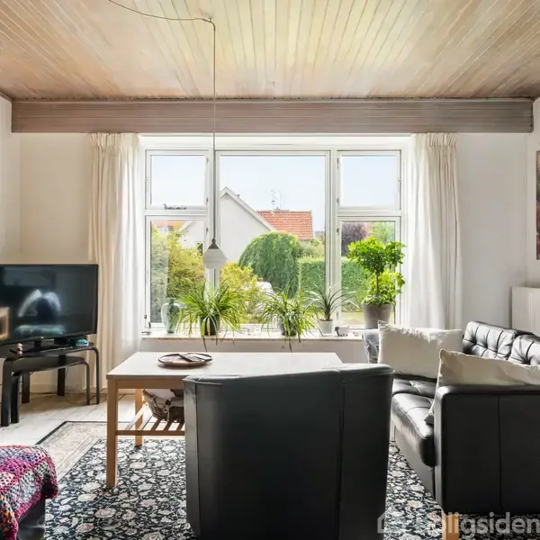 Stue med sort lædersofa og tv, omkranset af bøger på en reol til venstre. Store vinduer afslører udsigt til en grøn have. Plakater ses på væggen.