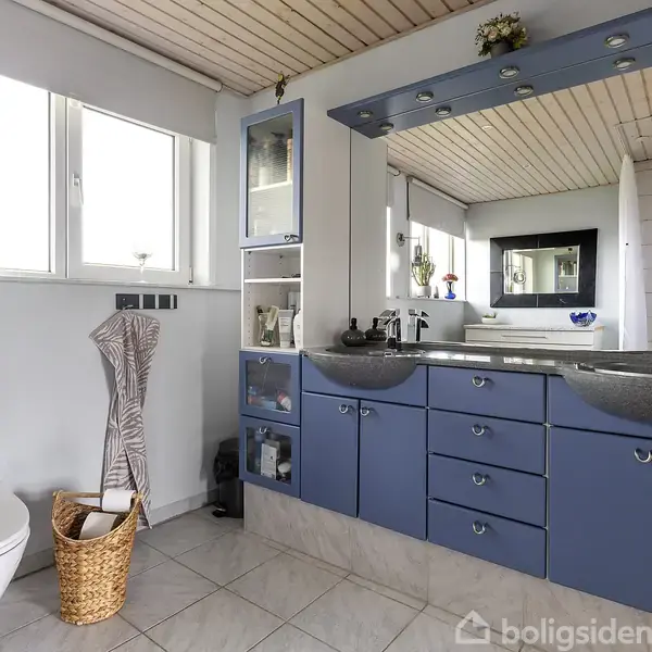 Toilet står stille ved siden af en kurv i et lyst badeværelse. En stor spejloverflade med blå skabslåger og flere plejeprodukter ses i baggrunden.