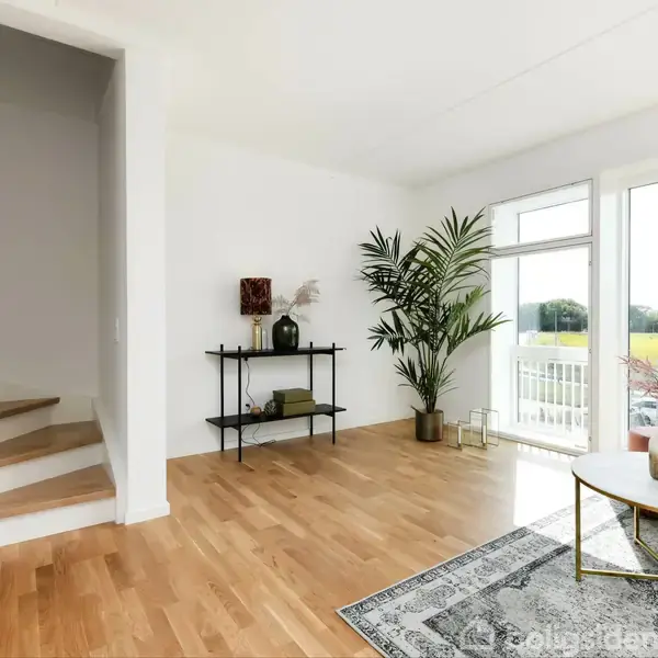 Trappe med lyse trætrin fører opad i et rum med hvidmalede vægge. Ved siden af står et lille bord med planter. Store vinduer viser udsigt over en mark.