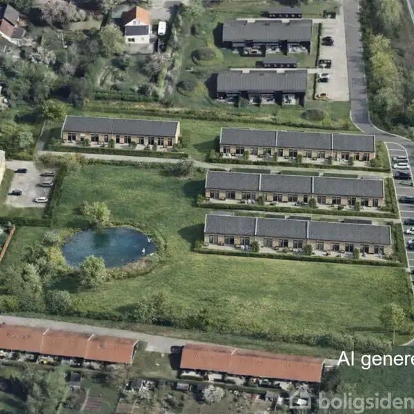 Beboelsesbygninger i en række orienteret omkring en central græsplæne med en lille sø. En vej og parkeringsplads er synlig til højre. Tekst: "AI genereret forslag".