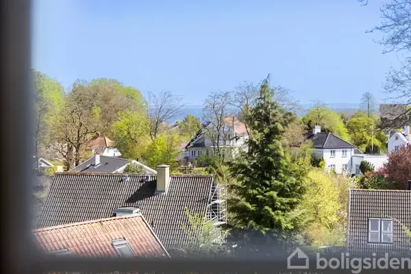 Flere huse med skrå tage står stille i et nabolag omgivet af frodige træer og en klar blå himmel.