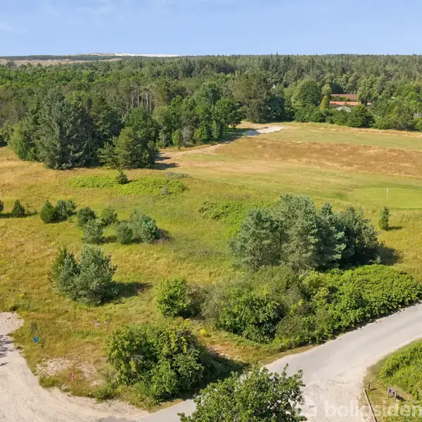 Et landligt område med grusveje, græsmarker, og spredte træer. I baggrunden ses små huse omgivet af skov og blå himmel. To mennesker cykler på vejen.
