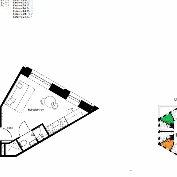 Lejlighedsskitse viser en trekantet bolig med stue, køkken og badeværelse. Til højre en bygningsoverblik over trekanthuse i forskellige farver. Tekst: Elstarvej 24, 3. sal tv.; Elstarvej 24, 1. tv.; Elstarvej 24, 4. th.; Elstarvej 24, 4. tv.; Elstarvej 24, 2. th.; Elstarvej 24, 2. tv.; Elstarvej 24, 5. th.; Elstarvej 24, 3. th.; Elstarvej 24, 1. th.; Elstarvej 24, 6. th.; Elstarvej 24, 7. tv.; Elstarvej 24, 7. th.; Elstarvej 24, 6. tv.; Elstarvej 24, 5. tv.; Elstarvej 24, 17 st th.; Elstarvej 24, 17 st tv.; Elstarvej 14, 4. th.