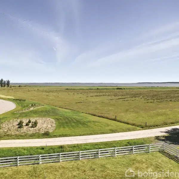 En landevej snor sig gennem et landskab med grønne marker og spredte træer under en blå himmel. I baggrunden ses en bygning til venstre ved en indkørsel.