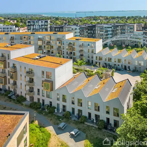 Lejlighedskomplekser med grønne tage står stille omgivet af grønne områder og en bylandskab i baggrunden. En sti fører mellem bygningerne, og der er udsigt til træer og vand.