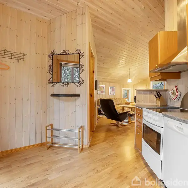 Køkken med komfur, opvaskemaskine og træskabe; spejl og knagerække på træbeklædte vægge; åben forbindelse til stue med lænestol og lamper.